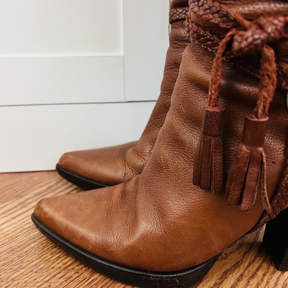 Gorgeous Vince Camuto Brown Leather Buckled Braided Knee High Riding Boots Sz 8B - Picture 3 of 11